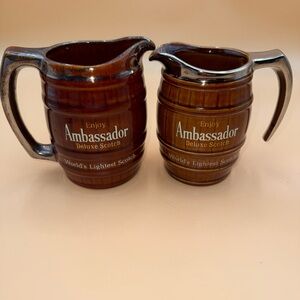 Pair Of Ambassador Deluxe Scotch Barrel Pitcher Mug Ceramic Vintage Whiskey USA